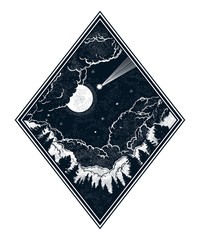 Forest and night sky in the shape of a rhombus