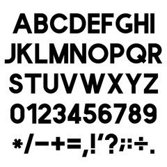 Black Alphabet, Numbers and Mathematical Signs, Strict Typeface, Vector Illustration