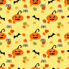 Halloween pumpkins and autumn leaves. Cute Halloween concept.