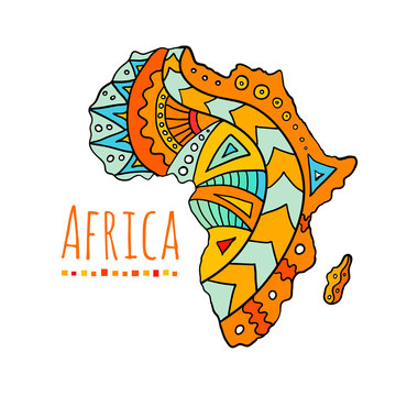 Hand-painted African continent. Banner with the image of a map of africa with ethnic doodle patterns. Vector illustration. Colorful template on the tourist theme.