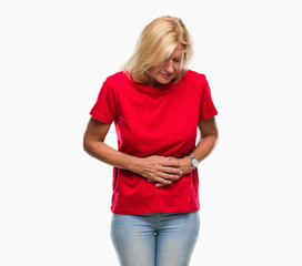 Middle age blonde woman over isolated background with hand on stomach because indigestion, painful illness feeling unwell. Ache concept.