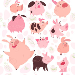  Vector flat seamless pattern with floral elements and funny pig icharacters design isolated on white background. Perfect for cards, packaging paper, decoration, nursery, children prints etc.