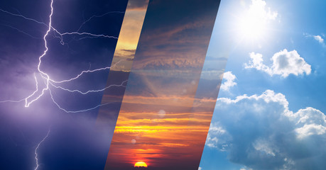 Weather forecast concept, collage of variety weather conditions - obrazy, fototapety, plakaty