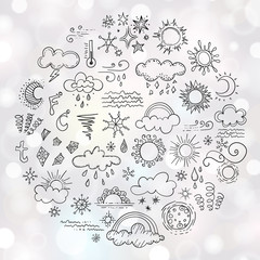 Banner with design elements for weather forecasting. Set of weather symbols sketch. Vector illustration.