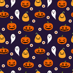 Naklejka premium Halloween pumpkins, ghost and eyeball seamless pattern. Horror Halloween concept.