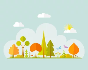 Stoff pro Meter Autumn forest. Colorful vector landscape with trees, bushes and herbs. Panorama of nature in flat style. © Ansty art