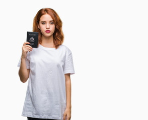 Fototapeta premium Young beautiful woman holding passport of united states of america over isolated background with a confident expression on smart face thinking serious