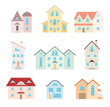 Set of vector icons of houses in flat style. Different buildings to create a map of the city.