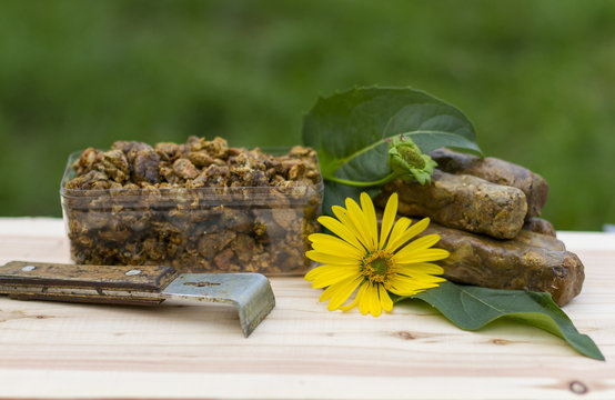 Propolis Collected And Shaped Into Cubes On A Wooden Background. Bee Propolis Is Formed Into Cubes On A Green Background. The Bee Propolis On The Table Is Shaped Into Cubes