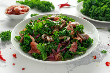 Homemade Kale Mushrooms, Bacon salad with chilli and balsamic vinegar dressing