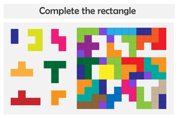 Puzzle game with colorful details for children, complete rectangle, level 2, education game for kids, preschool worksheet activity, task for the development of logical thinking, vector illustration