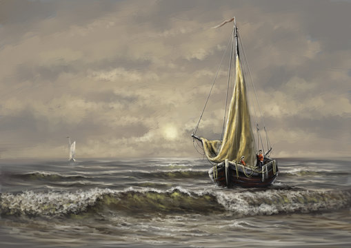 Paintings sea landscape. Fisherman, ship, boat. Digital paintings, fine art.