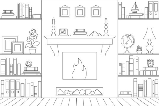 Scheme of the interior of the room with a fireplace. Vector linear interior with furniture. Plan.