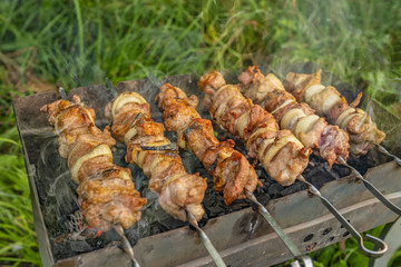 Barbecue meat on skewer cooked on grill BBQ. Picnic with outdoor kitchen.