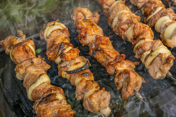 Barbecue meat on skewer cooked on grill BBQ. Picnic with outdoor kitchen.