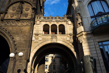 Powder Gate Tower architecture detail, the Royal Route start, Old Town, UNESCO World Heritage Site, Prague, Czech Republic, sunrise sunny day