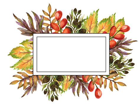 Watercolor gouache drawing colorful leaves branches set of autumn fall seasons arrangement wreath banner frame border hand painted
