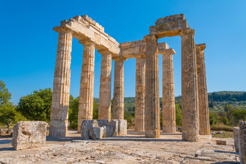 Temple of Zeus at archaeological site of Nemea in Greece. It was built around 330 BC to serve the needs of the Nemian festival and games. It has three architectural styles, doric, ionic and corinthian