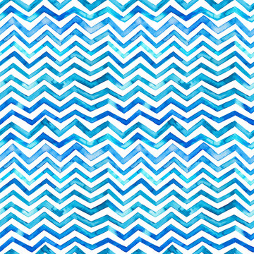 Zig zag blue watercolor seamless pattern.