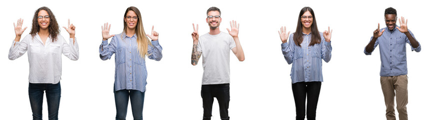 Group and team of young business people over isolated white background showing and pointing up with fingers number seven while smiling confident and happy.