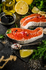 Raw salmon fish steaks