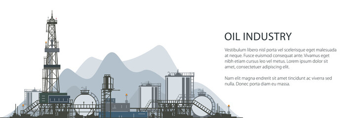 Oil Drilling Rig Banner, Oilfield , Drilling Oil or Natural Gas Rig with Outbuildings and Tanks and Cisterns, Poster Brochure Flyer Design, Vector Illustration - obrazy, fototapety, plakaty