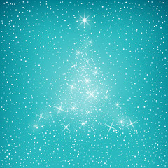 Bright Stylized Christmas Tree of Lights on Green Background , Snow Falls from the Sky, Merry Christmas and Happy New Year , Vector Illustration