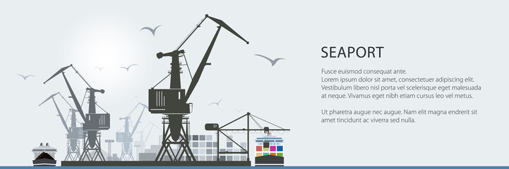 Fototapeta na wymiar Cargo Sea Port Banner, Unloading of Cargo Containers from the Container Carrier, Cranes and Vessels in Dock , Vector Illustration