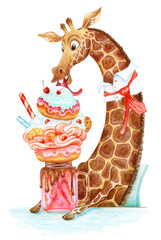 Giraffe eating monster shake cocktail. Watercolor hand drawn illustration. - 222629899