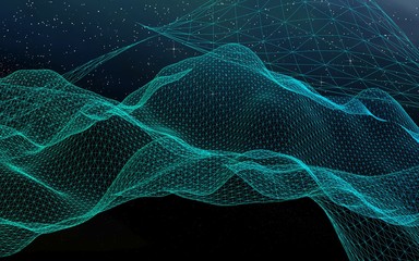 Abstract landscape on a dark background. Cyberspace grid. Hi-tech network. Outer space. Starry outer space texture. 3D illustration