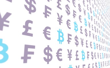 Bitcoin and currency on a white background. Digital Cryptocurrency symbol. Business concept. Market Display. 3D illustration