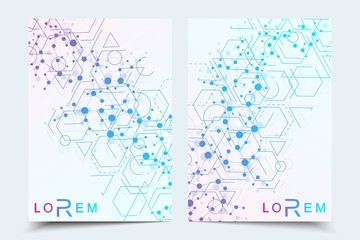 Scientific brochure design template. Vector flyer layout, Molecular structure with connected lines and dots. Scientific pattern atom DNA with elements for magazine, leaflet, cover, poster design.