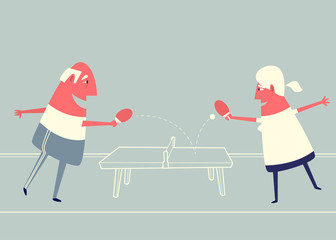 Cartoon elderly couple playing ping pong.