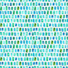 Seamless pattern with green and blue rectangles. Watercolor ornament.