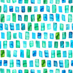 Seamless pattern with green and blue rectangles. Watercolor ornament.