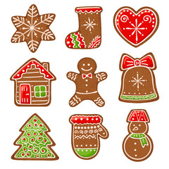 Christmas gingerbread vector illustration isolated on white background. Ginger bread man, bell, house, snowman etc.