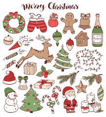 Merry Christmas traditional symbols in doodle style isolated on white background. Vector illustration of New Year attributes. Santa, deer, gingerbread, Christmas tree etc. Happy New Year sketches.