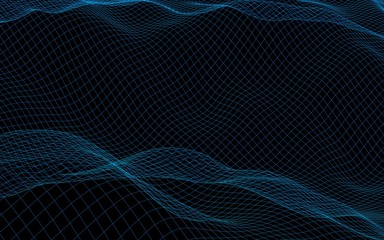 Abstract landscape on a dark background. Cyberspace blue grid. Hi-tech network. 3D illustration