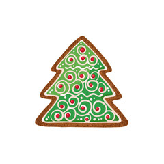 Christmas ginger bread vector illustration isolated on white background. Gingerbread fir tree.