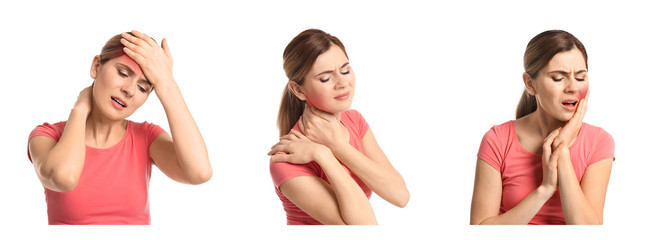 Set with mature woman suffering from pain in different parts of body on white background