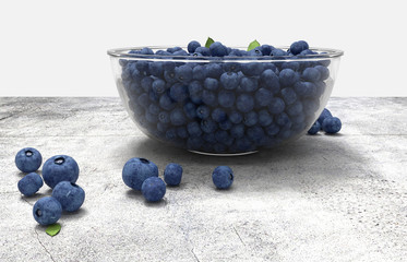 3D render. Glass bowl full of blueberries on concrete table