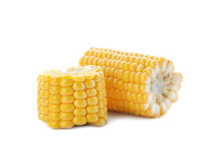 Tasty sweet corn cob on white background
