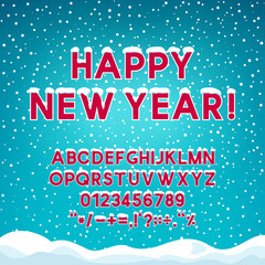 Snow on the Letters Happy New Year, Holiday Winter Background with Alphabet and Numbers, Snowfall and Snowdrifts, Vector Illustration
