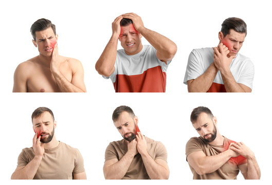 Set with young men suffering from pain in different parts of body on white background