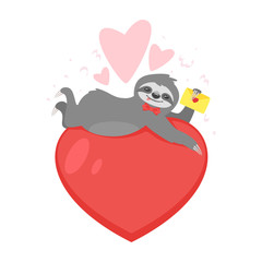 sloth lying on big red heart 
