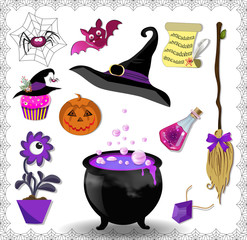 Witch accessories vector set in purple color isolated on white