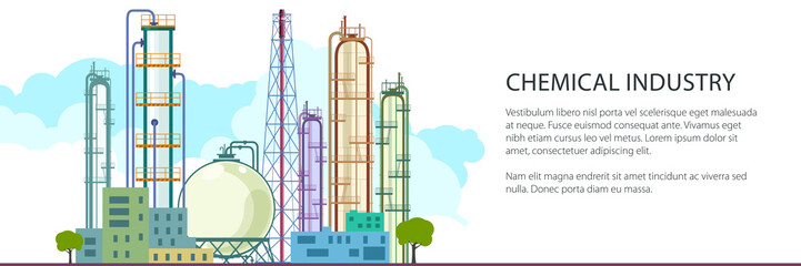 Banner of Petrochemical Industry, Chemical Plant , Refinery Processing of Natural Resources, Industrial Pipes and Text , Vector Illustration