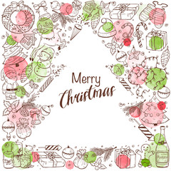 Hand drawn Merry Christmas doodle composition with watercolor circles. Vector illustration of New year symbols  isolated on white background. Happy holidays.