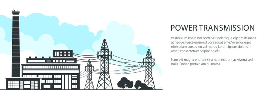 Banner of Electric Power Transmission, Power Station and High Voltage Power Lines Supplies Electricity to City, Vector Illustration