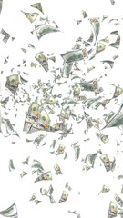 Fototapeta premium Flying dollars banknotes isolated on a white background. Money is flying in the air. 100 US banknotes new sample. 3D illustration